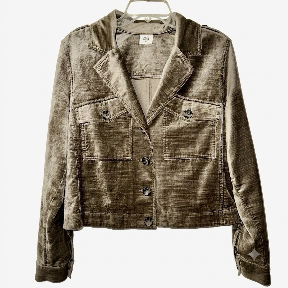 Cabi Velvet Utility Jacket M Taupe Shimmer Military Cropped Luxe Button Front - Picture 4 of 14